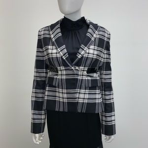 Versace Patent Leather Trimmed Plaid Wool Twill Blazer